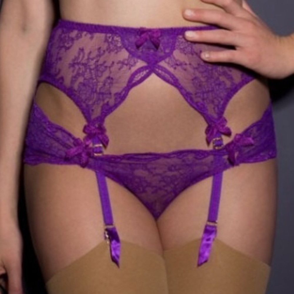Agent Provocateur LOVE Lace Suspender Garter Belt Stockings Violet Purple M/L 4
